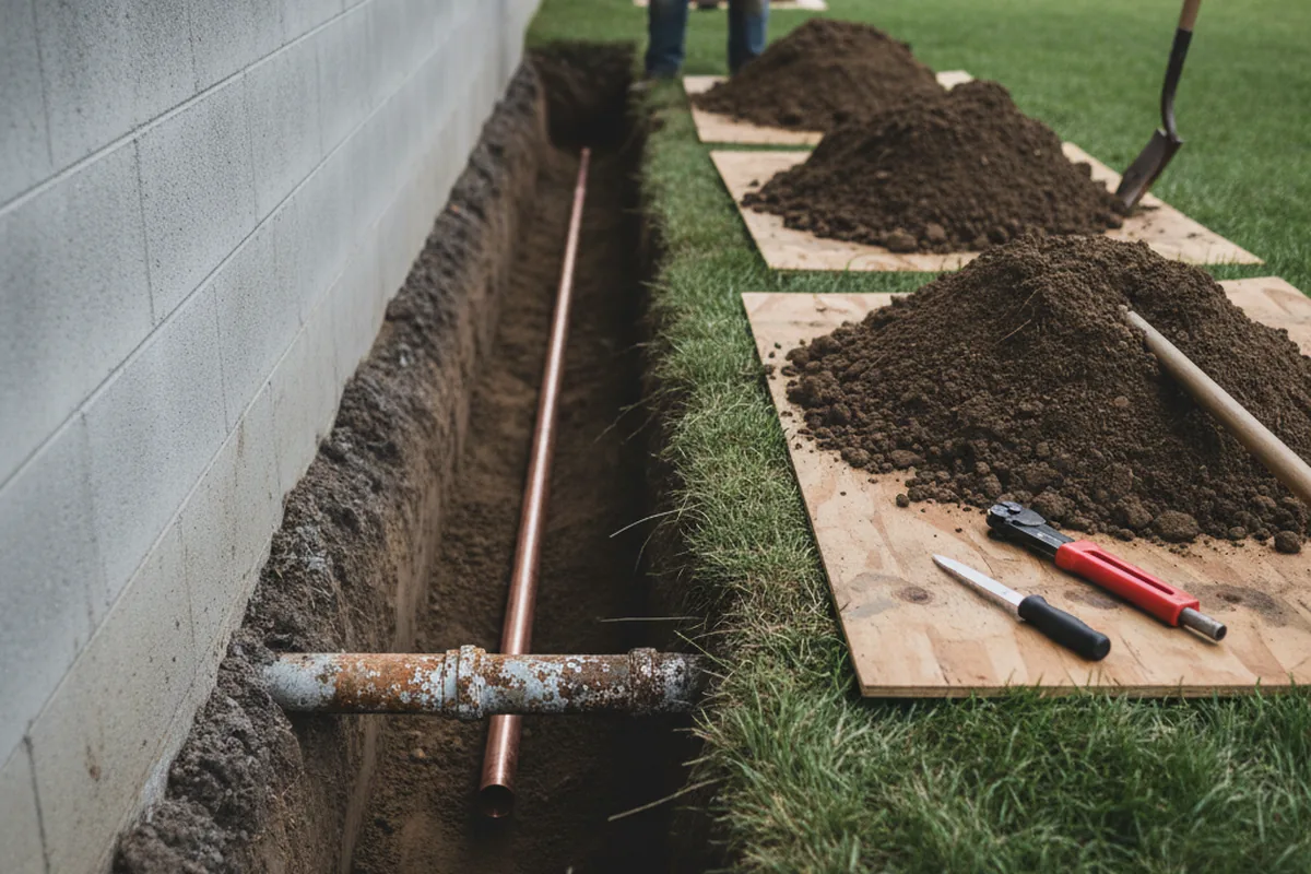 Excavated water line trench during Water Heater Repair in Griffin